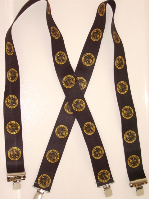 ARMY 2"X48" Gold on Black color Suspenders with 4 strong 1"X1" Grips and 2 Length Adjusters in the front, all in STAINLESS STEEL. Hand Wash and Hang to Dry. UA220N48ARBG
